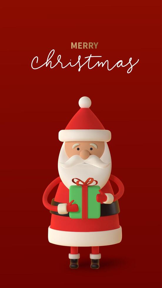 3d Cheerful cartoon Santa Claus holding green gift against a red background, radiating joy and festive vibes. banner for Christmas-themed designs and holiday celebrations vector