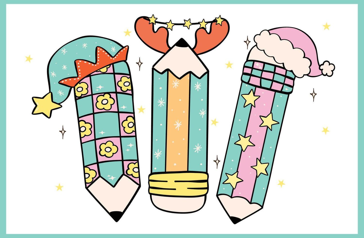 Groovy Christmas Pencil Pink and Mint Hand Drawn Cartoon Doodle with Festive Vibes vector