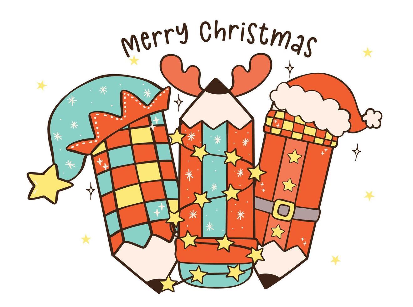 Groovy Christmas Pencil Red and Mint Hand Drawn Cartoon Doodle with Festive Vibes vector