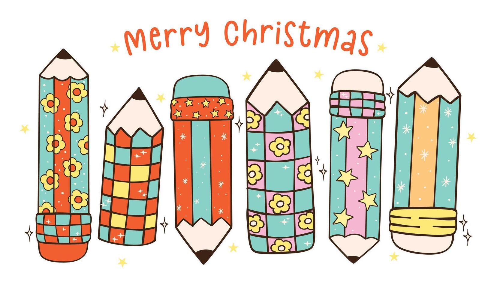 Group of Groovy Christmas Pencils Retro Hand Drawn Cartoon Doodle with Festive Vibes vector