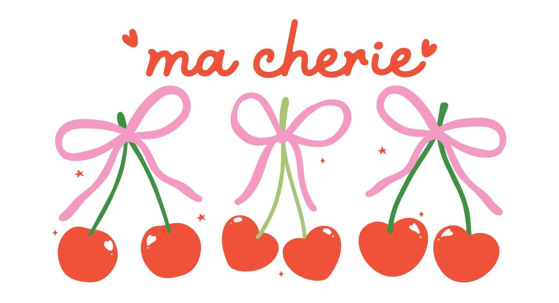 Retro Coquette Red Cherries with pink bow Ma Cherie Minimal Flat Design Collection vector