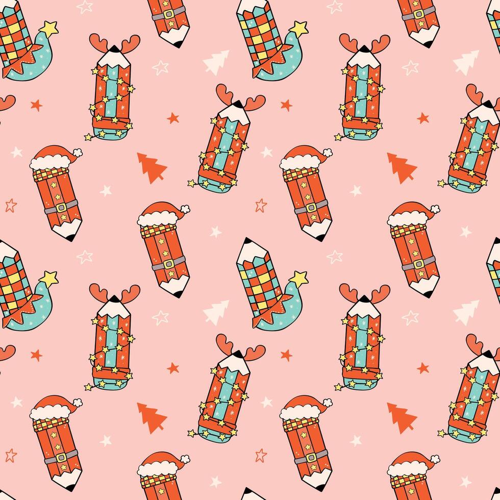 Seamless Pattern Groovy Christmas Pencils Festive Doodle isolated on background vector