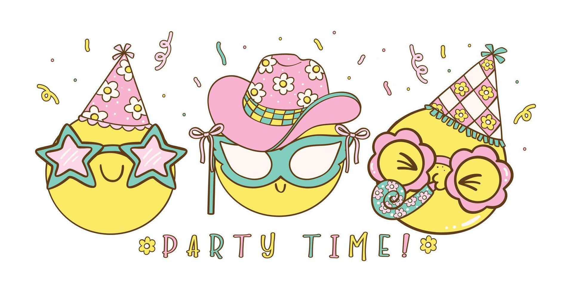 Playful Party New Year and Birthday Emoji Smile Face Doodle Set Retro in Pastel Tones vector