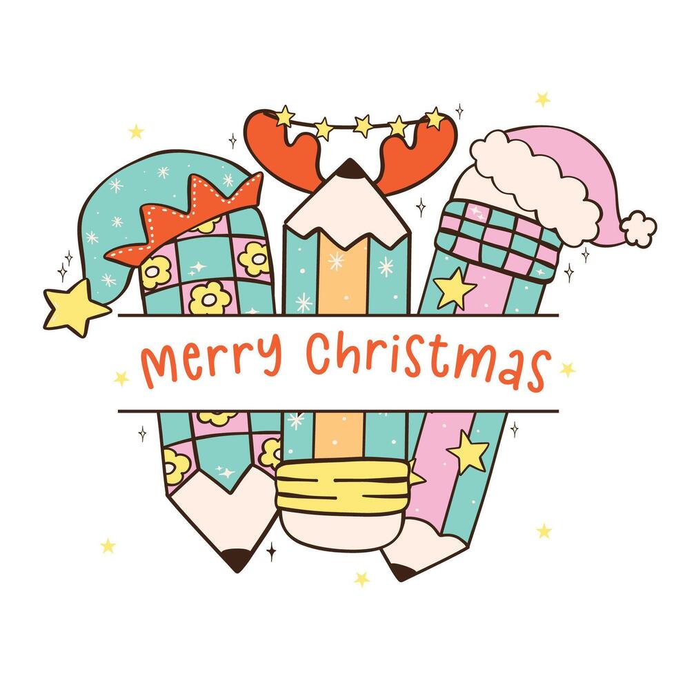 Groovy Christmas Pencils Split Frame Name Monogram Cartoon Doodle silhouette cut file vector