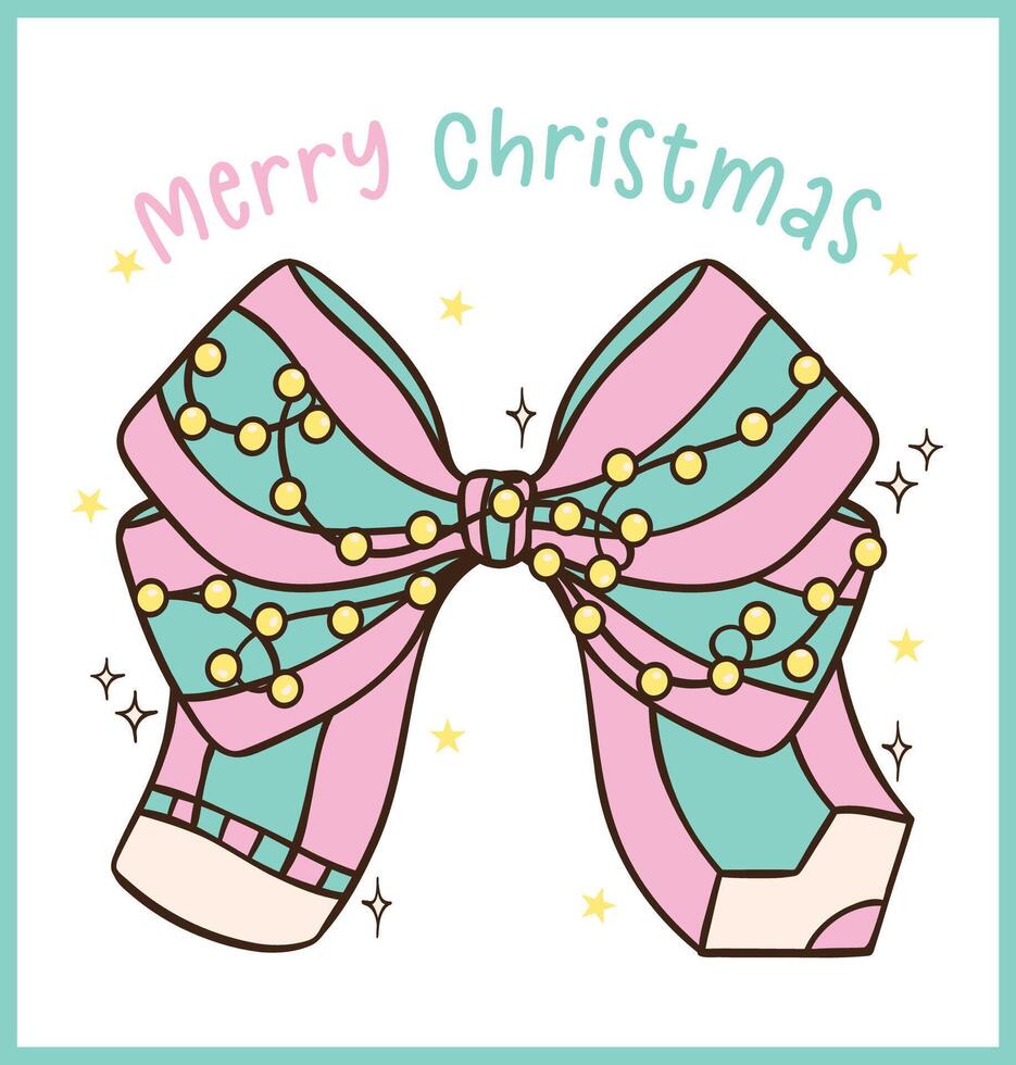 Coquette Christmas Pencil in Bow Shape Pink and Mint Hand Drawn Cartoon Doodle with Festive Vibes vector