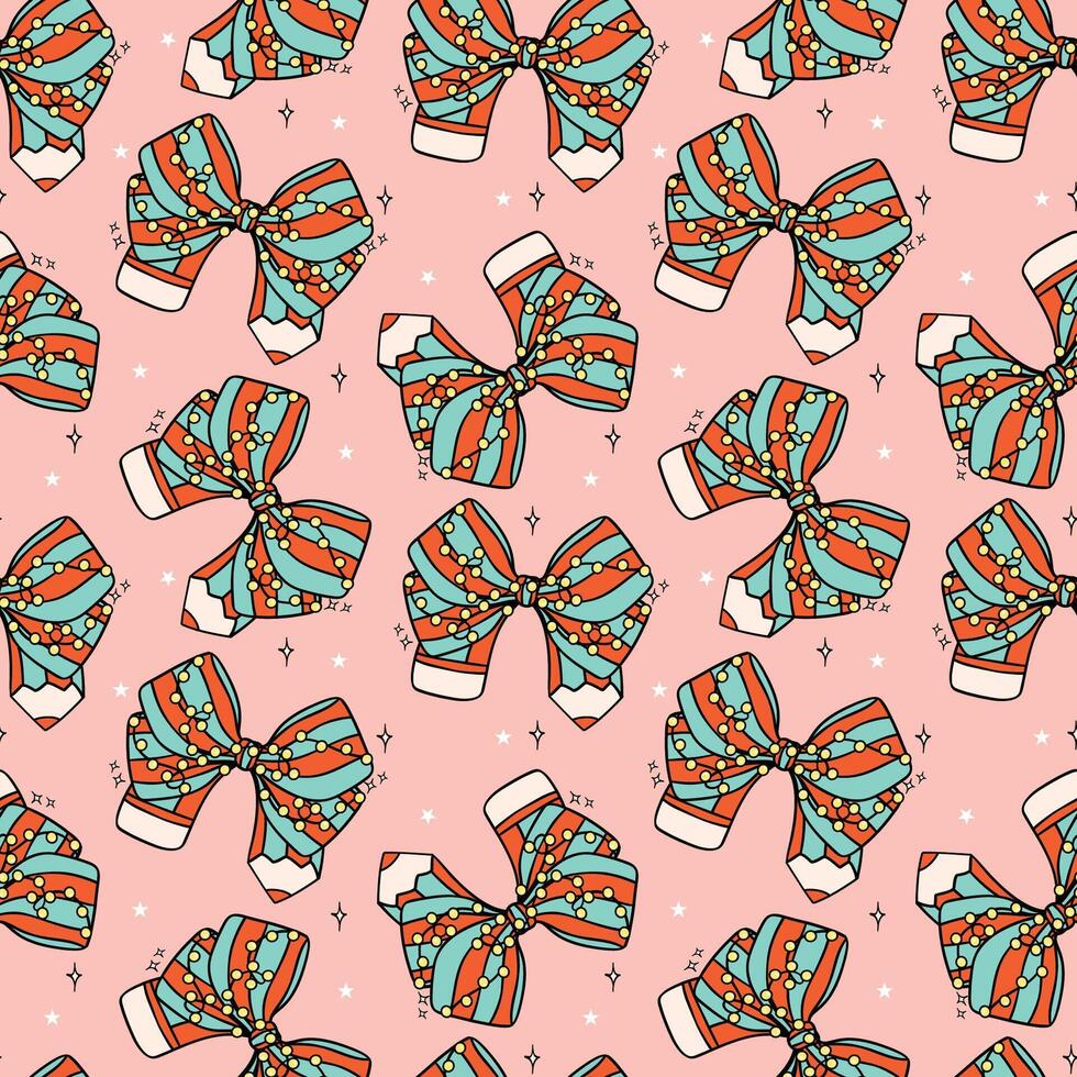 Seamless Pattern Groovy Christmas Pencils Bow Festive Doodle isolated on background vector