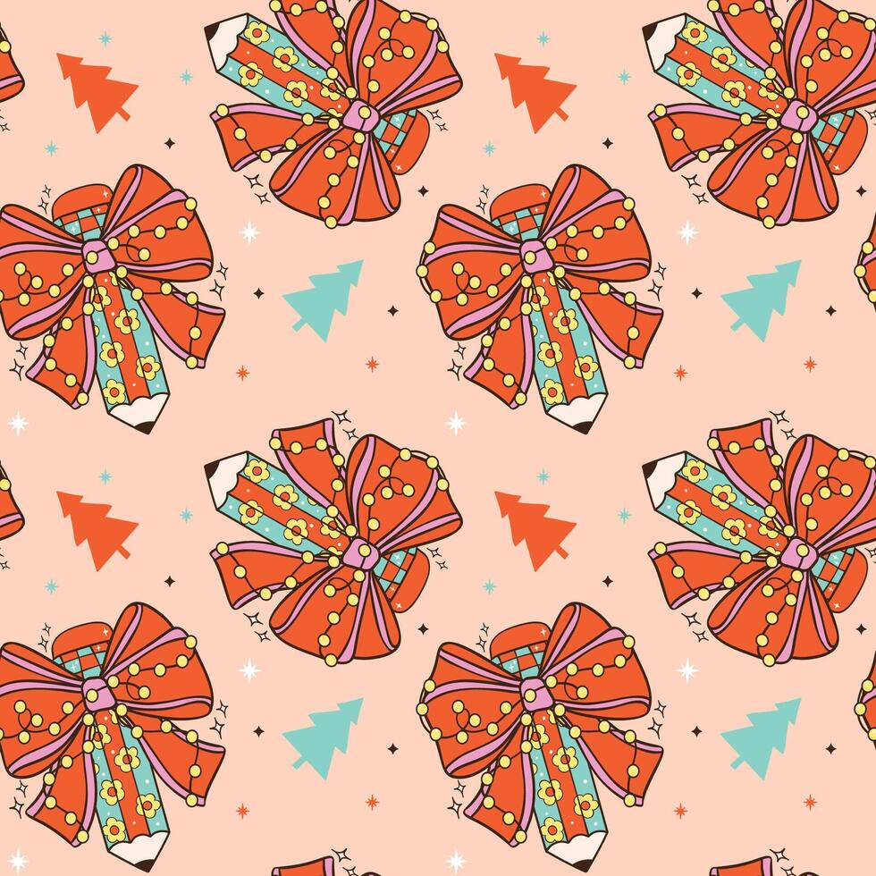 Seamless Pattern Coquette Groovy Christmas Pencils Bow Festive Doodle isolated on background vector