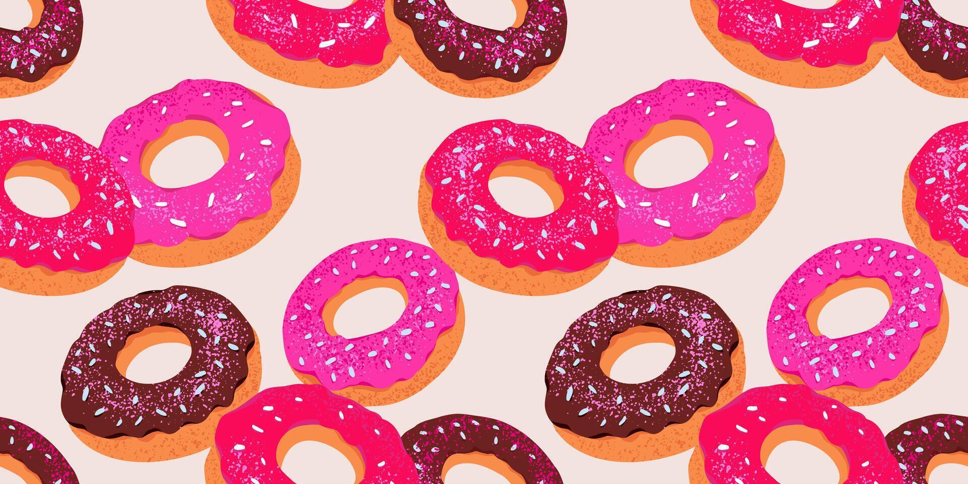 Seamless pattern featuring colorful donuts with chocolate, pink, and white frosting, sprinkled with toppings. Design perfect for bakery-themed projects, packaging, or textile designs vector