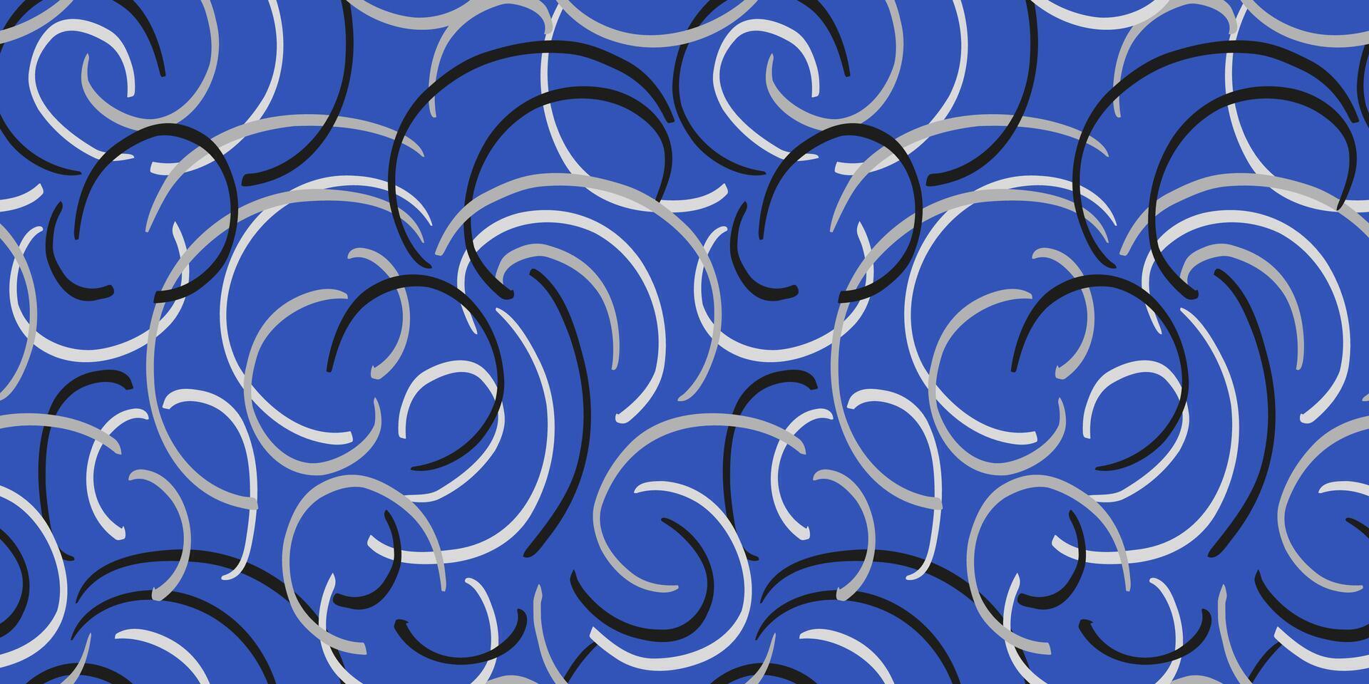 Seamless pattern of abstract organic curves and featuring swirling, curved lines on bold blue background. Perfect for modern designs, textiles, packaging. Print geometric with a dynamic feel. vector