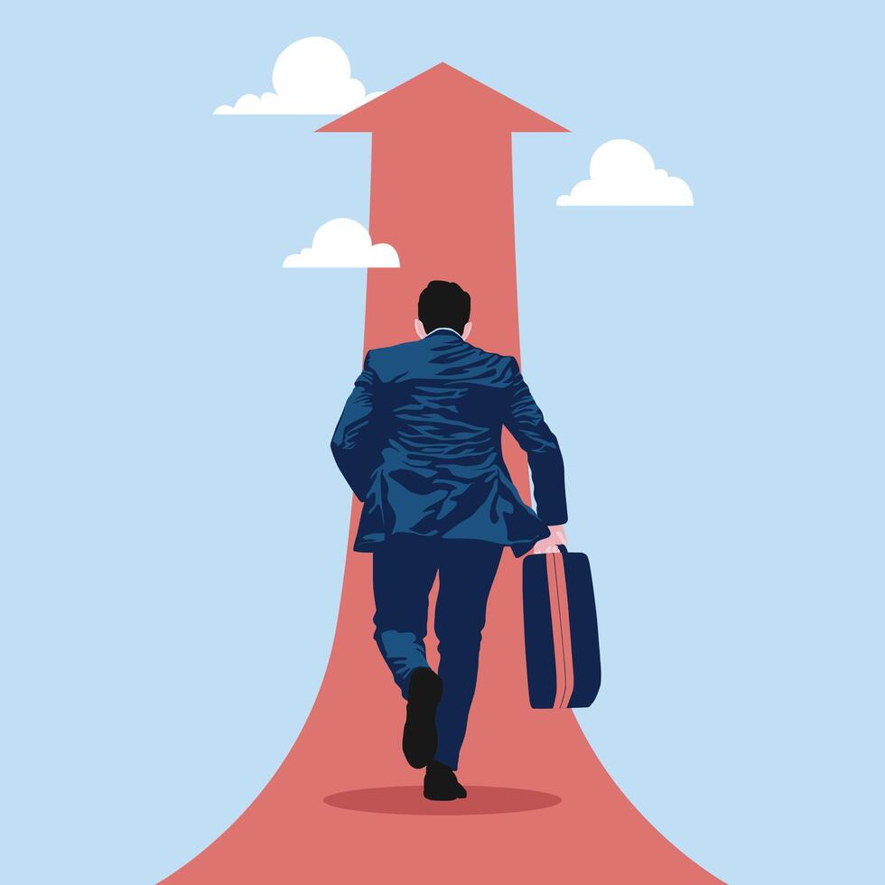 Business man wearing suit carrying briefcase running along arrows through the clouds, running towards the sky, flat illustrations. vector