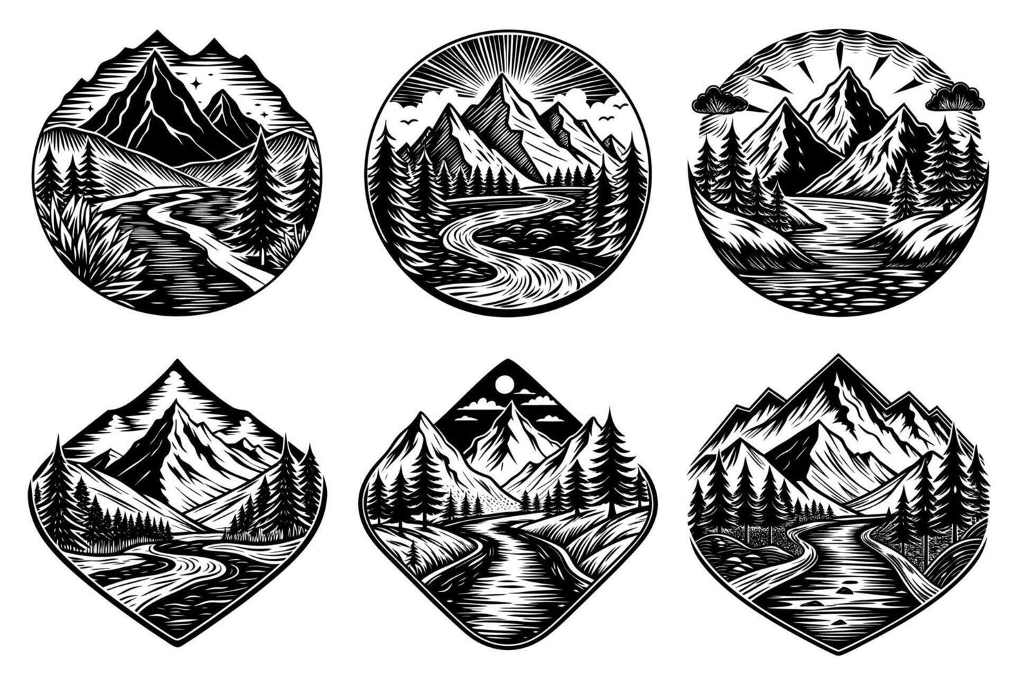 Monochrome Badge Design Templates Featuring Mountains on White Background vector