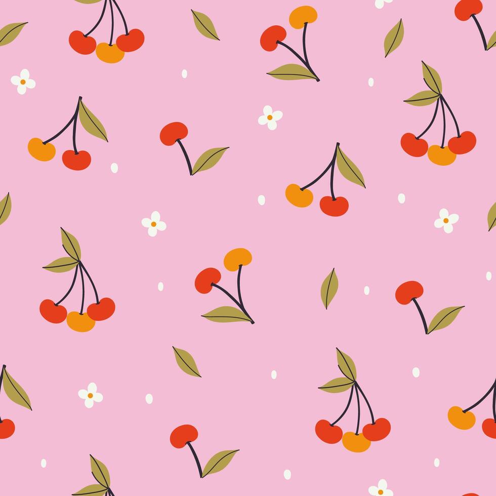 Seamless pattern with cherries, flowers and petals on a pink background. graphics. vector