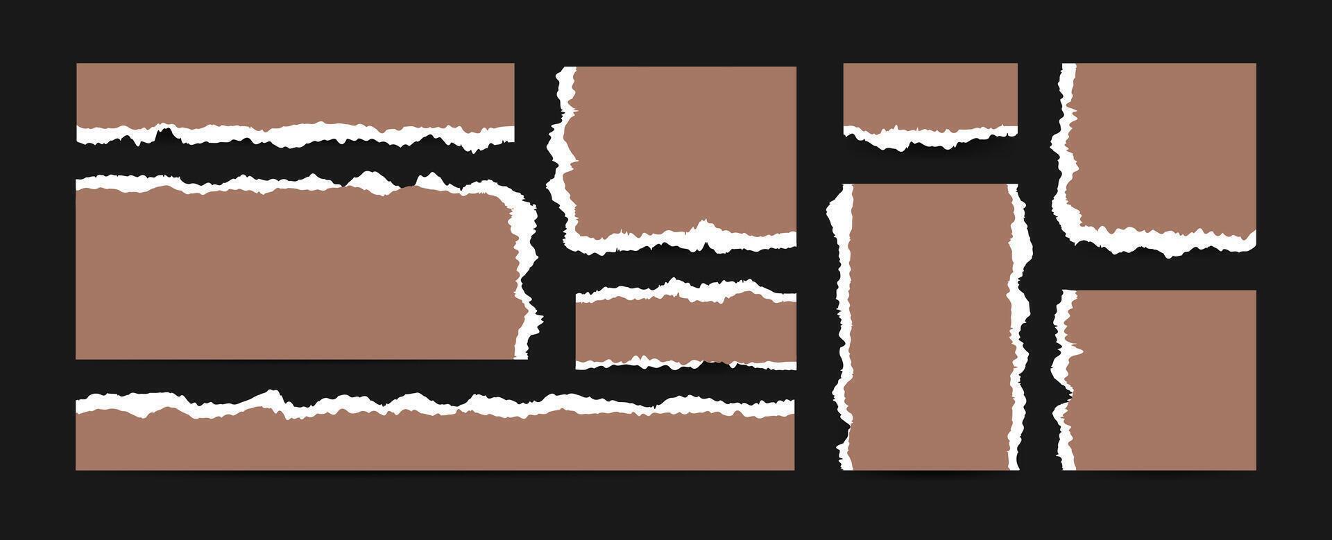 Empty frames for text in Mocha Mousse color. Pieces of Paper for crafting. Irregularly shaped sheets torn from notebook for collages and scrapbook. Trendy Textboxes vector