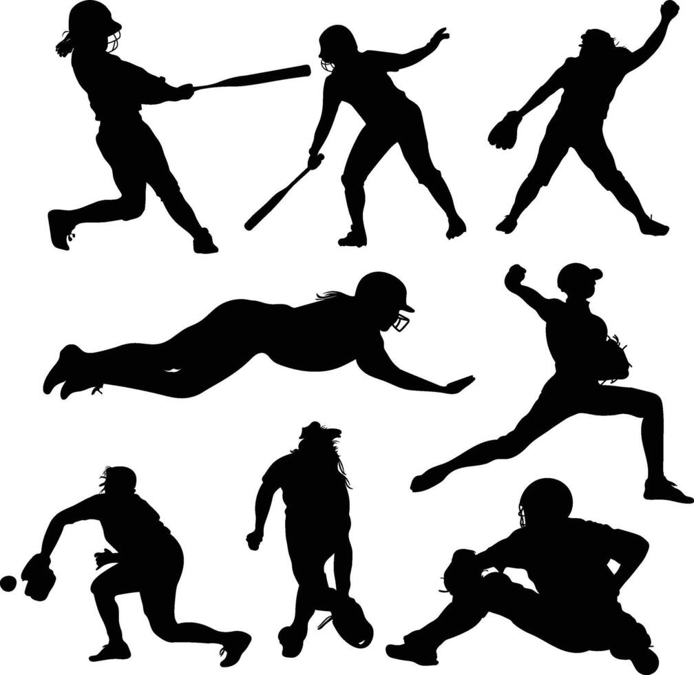 Softball player athlete silhouettes vector