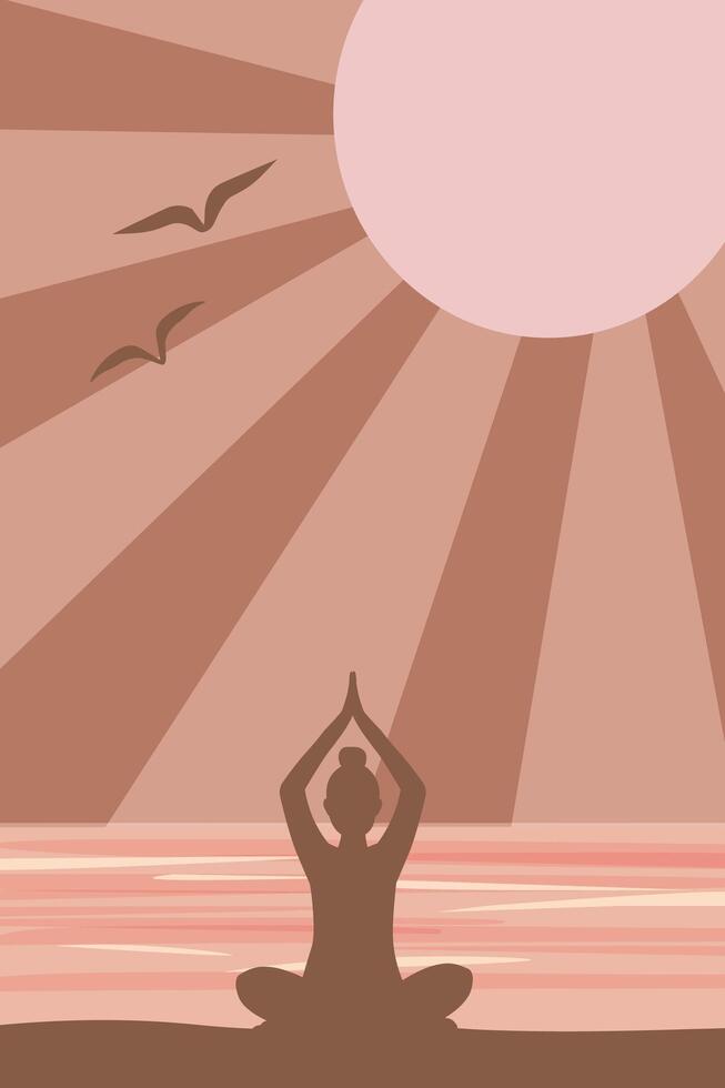 Abstract poster with a silhouette of a girl doing yoga against the backdrop of the ocean and sun. vector