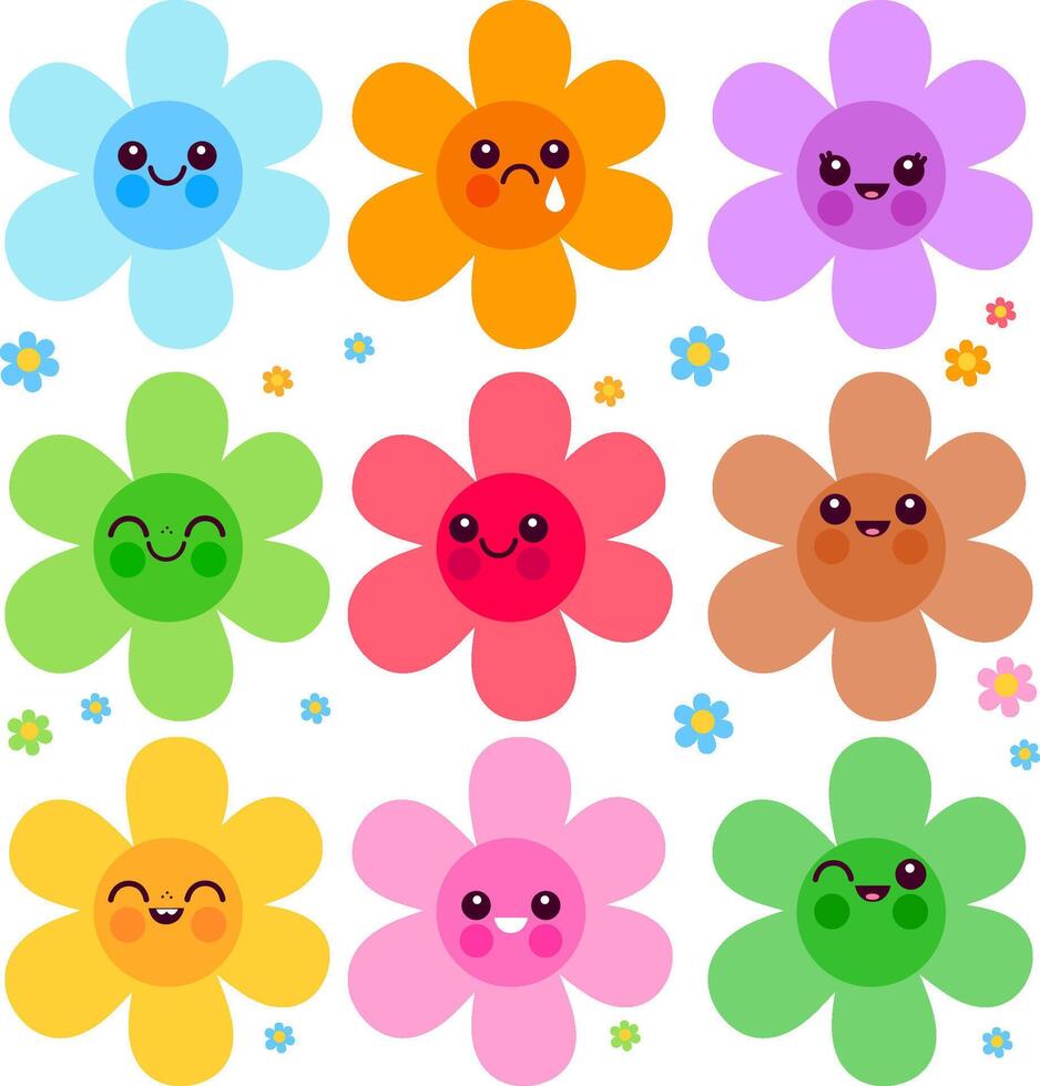 Colorful flower icon emoji characters. Groovy flower cartoon. Daisy flowers sticker set with cartoon funny smiling faces, chamomile characters. vector