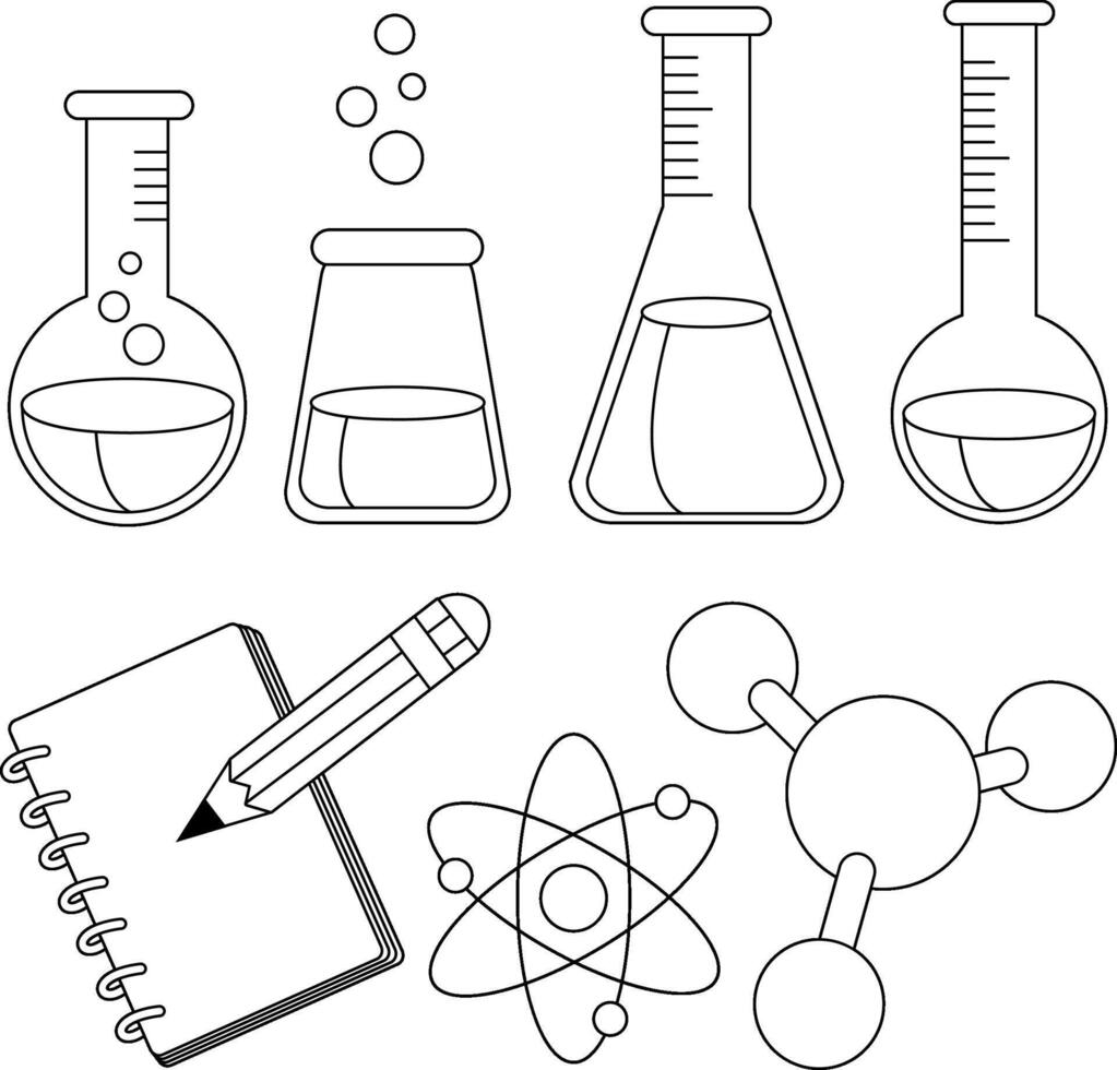 Science and chemistry set. School science, biology or chemistry class equipment. Test tubes and note book for students science project. Black and white coloring page. vector