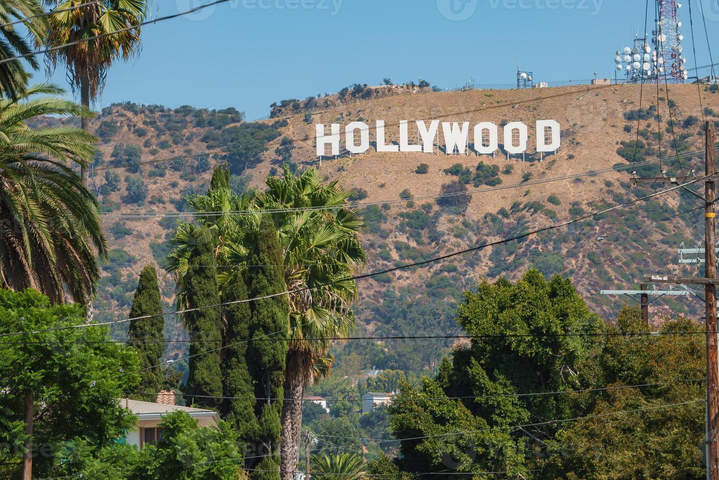 Hollywood Sign on Los Angeles Hills with Clear Blue Sky photo