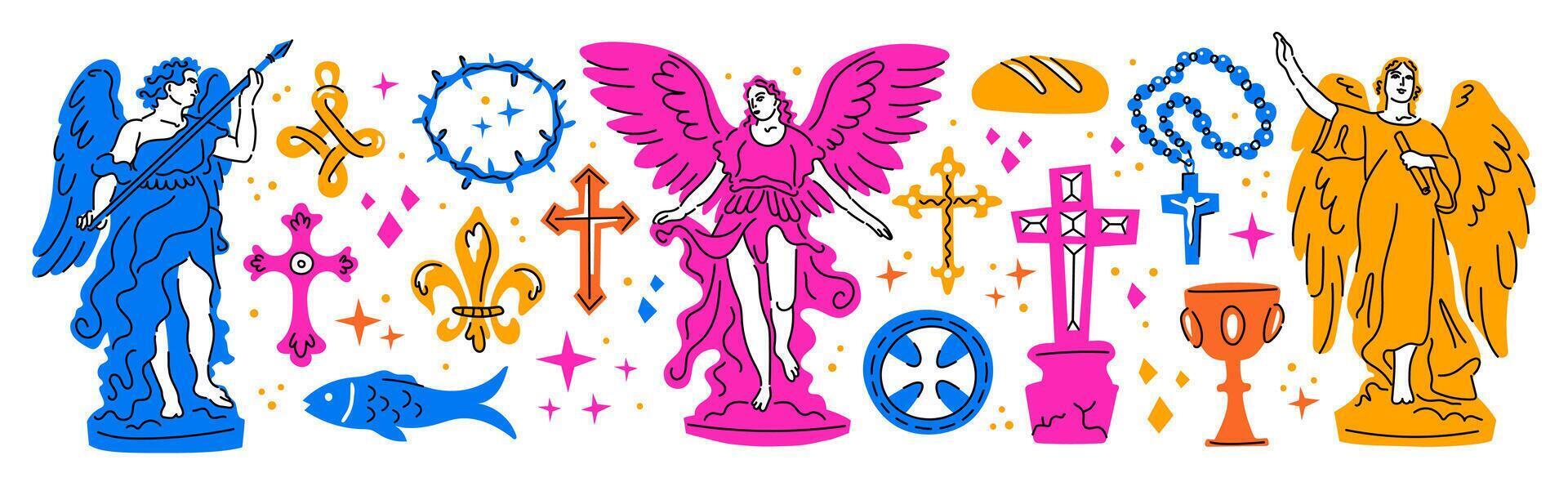 Christianity set of church religious elements. Angel statue, cross, fish symbol of Christ, rosary, tombstone with cross, cup, bread, crown of thorns, set of crosses. vector