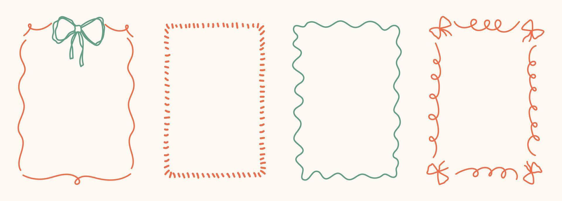 Hand Drawn frame set with doodle bows, ribbons. Whimsical line borders for birthday, christmas, wedding Invitations. Coquette bow set. Vintage minimalist elements in trendy line art style. illu vector