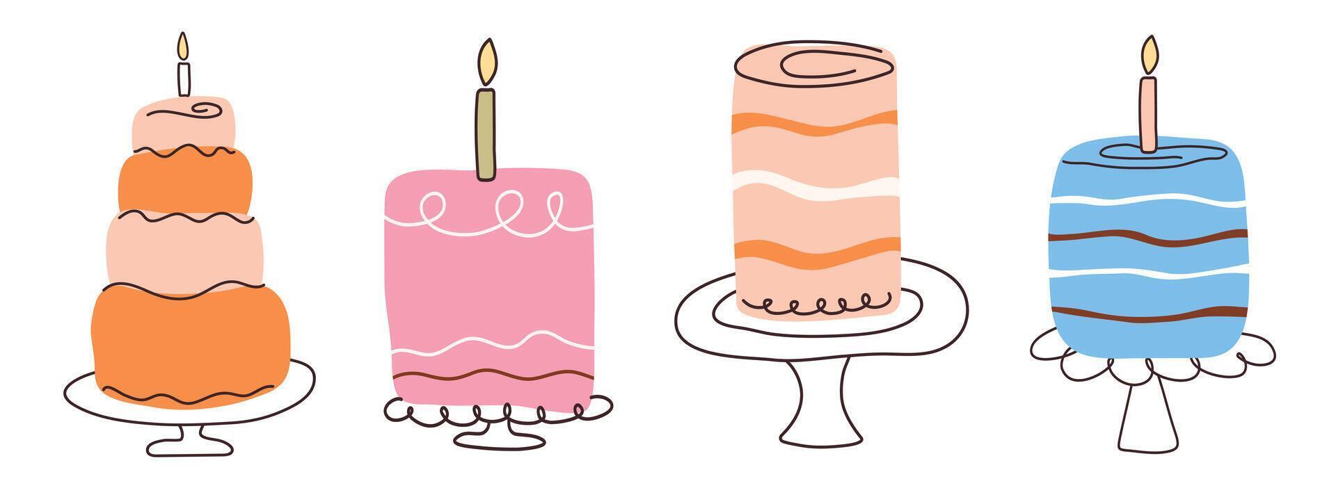 Cake set with candles in flat style. Cakes with hand drawn lines. Slices sweet desserts for birthday, invitation, jubilee, poster. Cute isolated illustration on white background vector