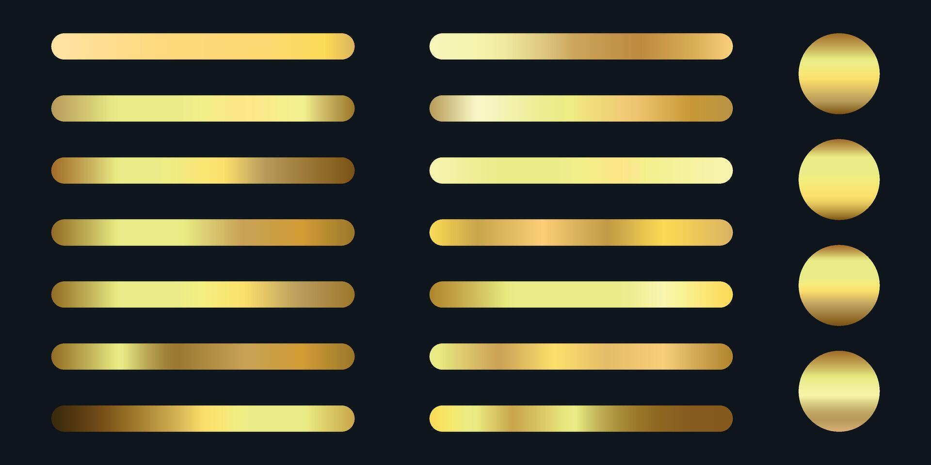 Premium golden metal collection. Gold palette set for vip cards, invitations, design, frames, ribbons. Shiny texture with foil effect. illustration on black background vector