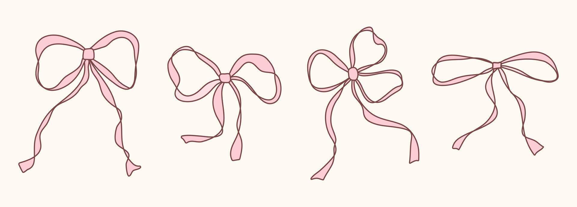 Cute pink hand drawn bow set with ribbons. Minimalist bowknot for wedding, birthday, christmas cards, poster, tattoo, gift, frames. Vintage coquette bows. Doodle Sketch elements. Isolated illus vector