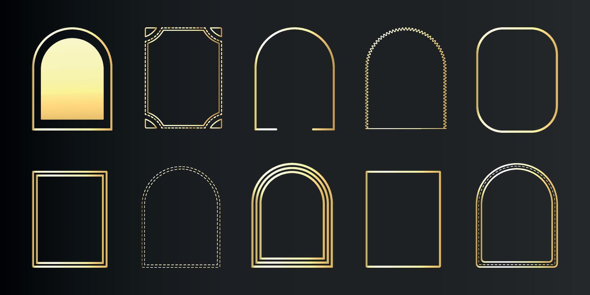 Luxury gold frame set in art deco, Islamic style. Premium golden arch on black background. Elements for vip card, wedding invitation. Collection elegant geometric shape. Isolated illustration vector