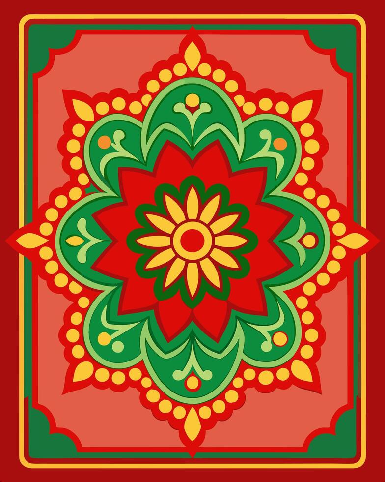 Traditional mandala red and green ornament square type, symetric mandala ornament background for packaging, design pattern vector