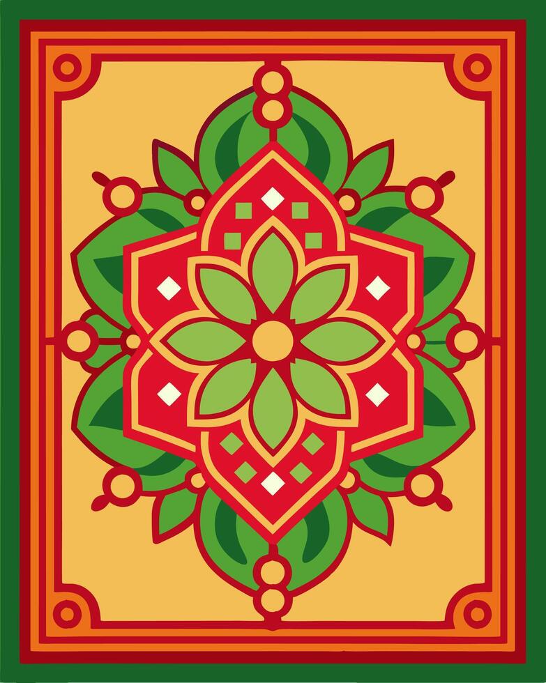 Traditional mandala green and red yellow ornament square type, symetric mandala ornament background for packaging, design pattern vector