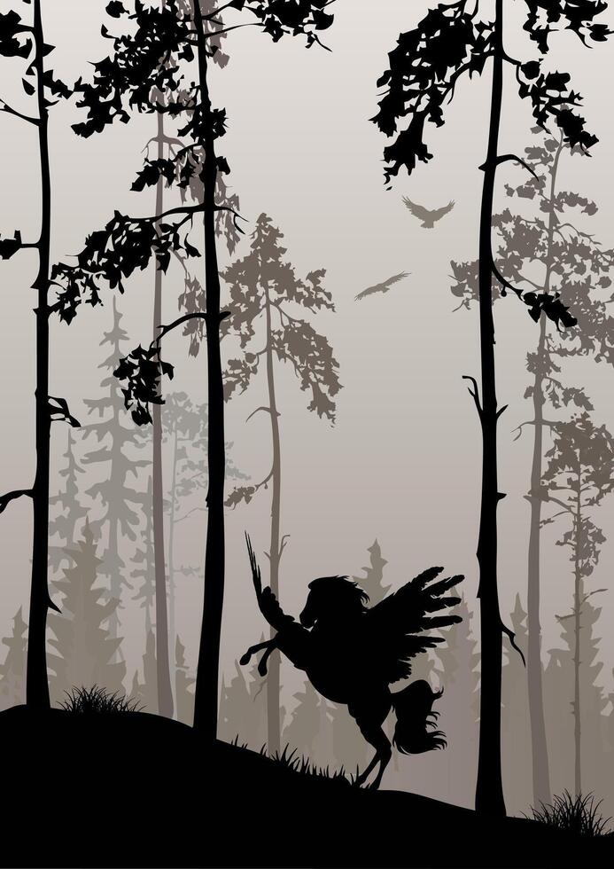 Pegasus in the foggy forest vector