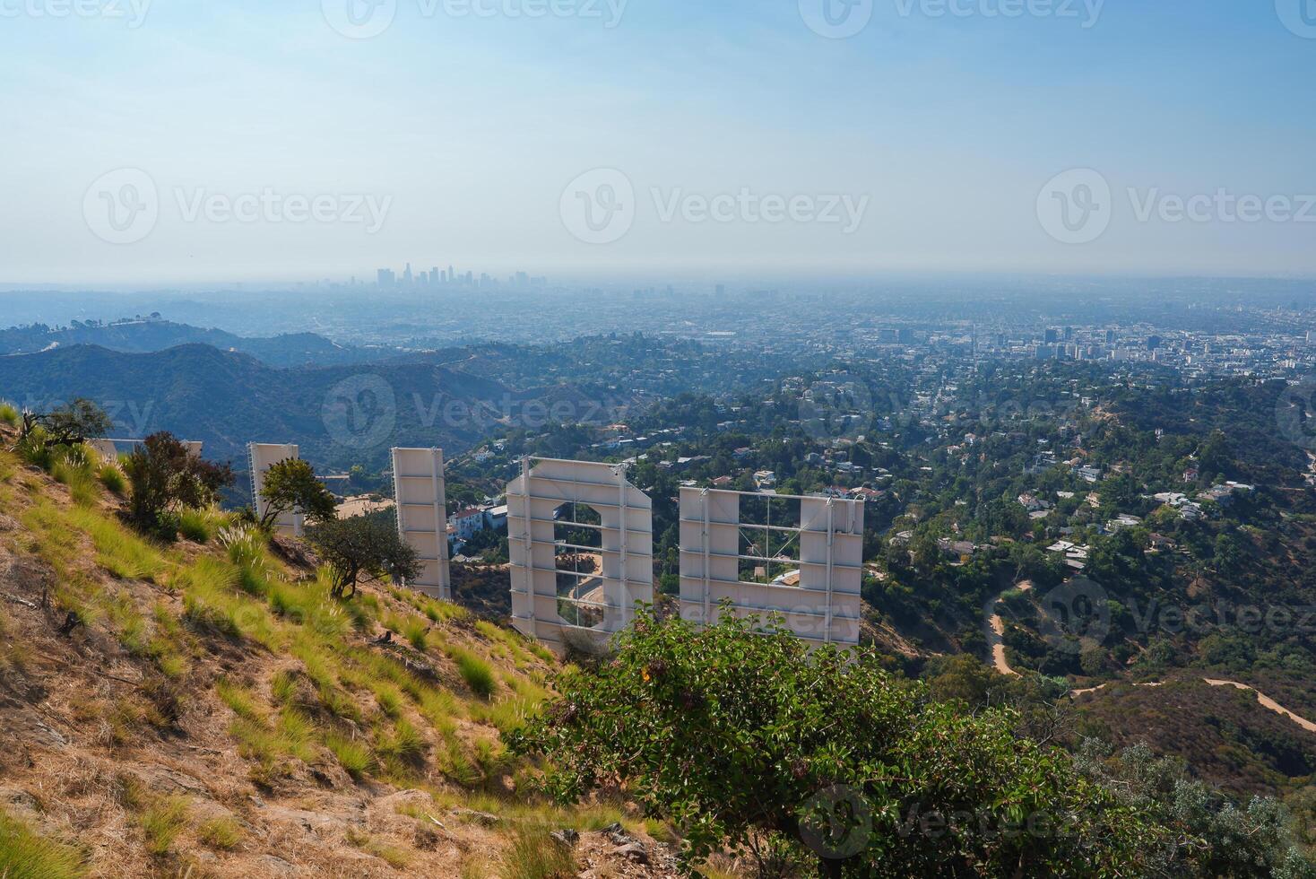 View from Behind the Hollywood Sign Overlooking Los Angeles Skyline photo