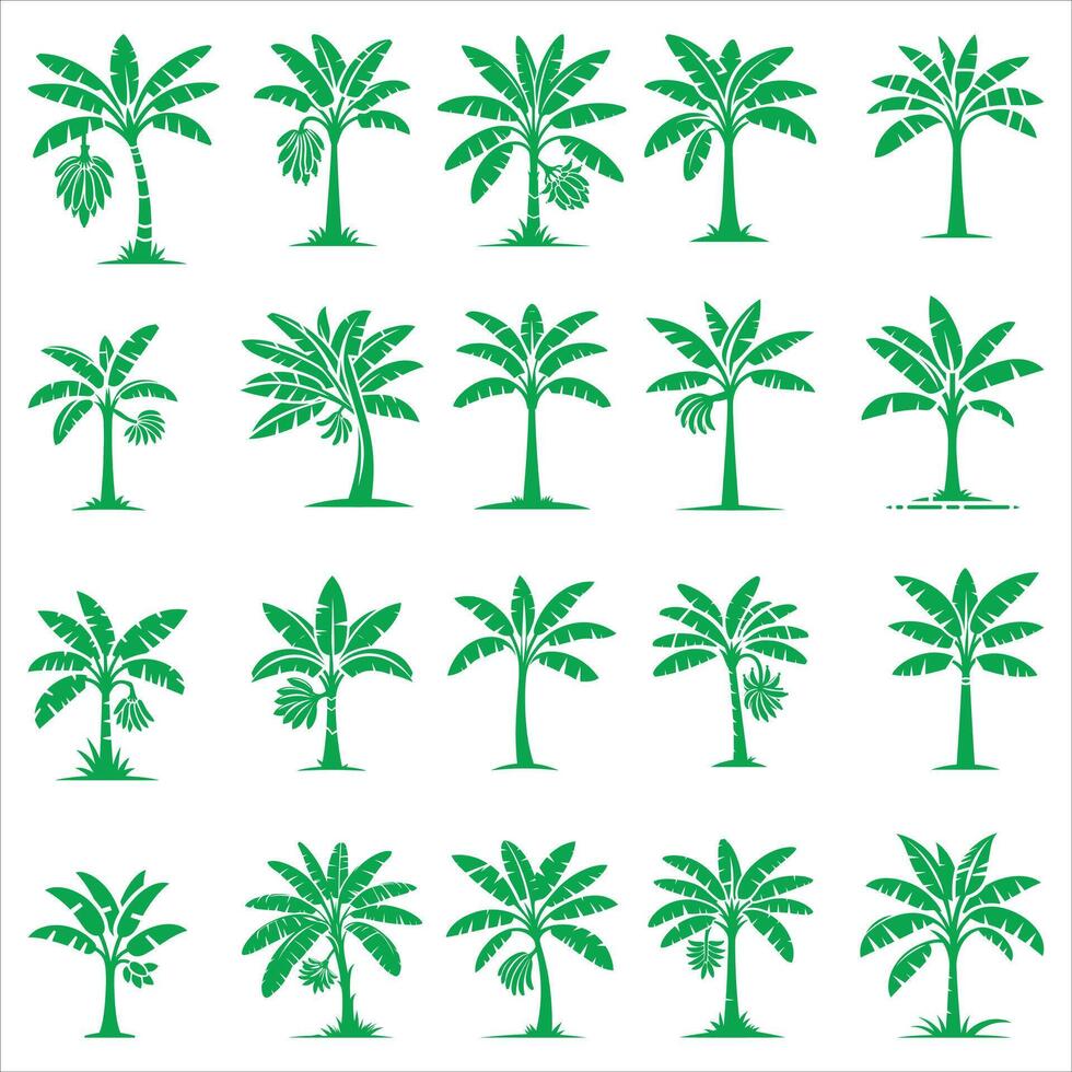 Silhouette Of Set Green Banana Trees Clip Art Design Stock Illustrations vector