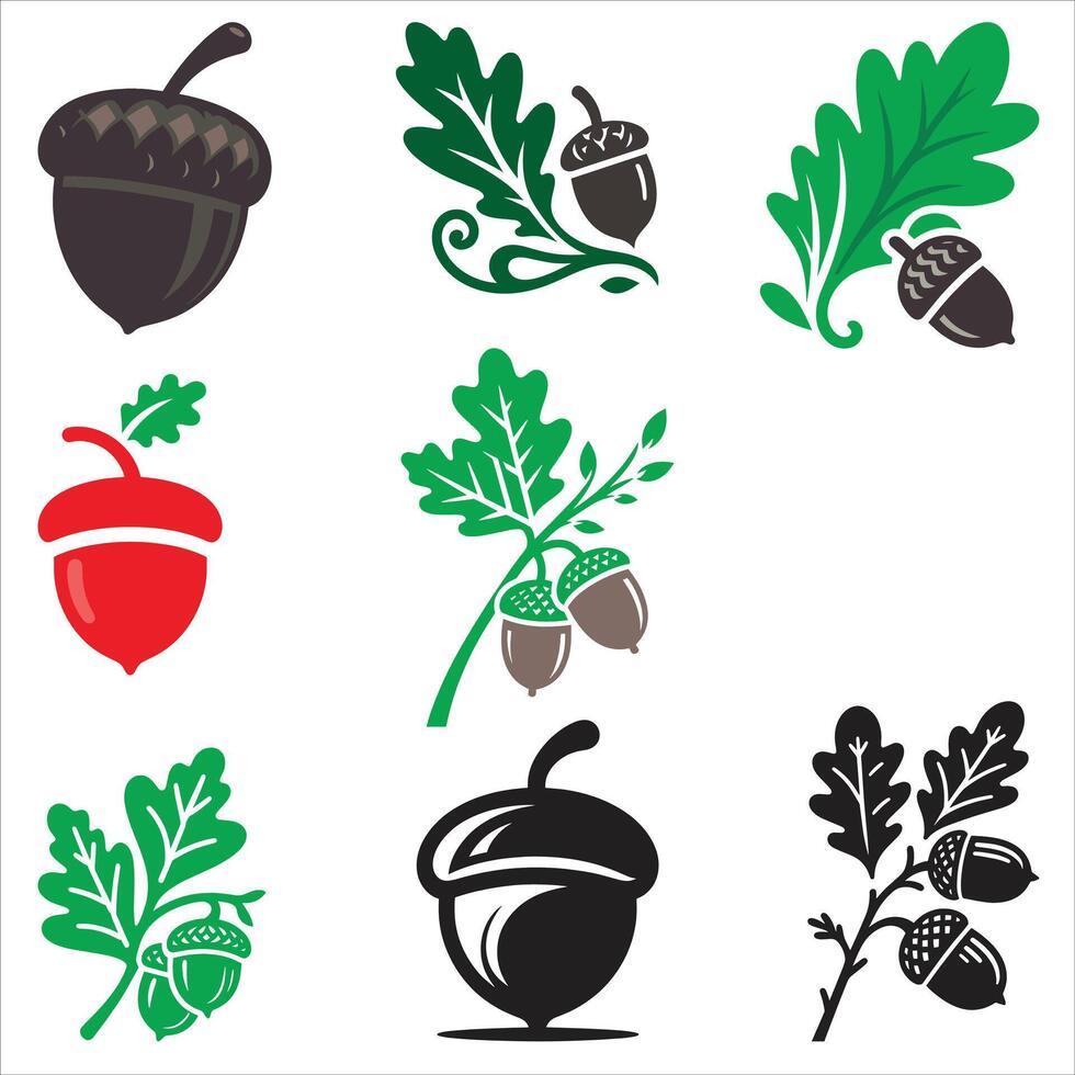 Acorns With Leaf Set, Acorn Icon Silhouette on White Background Stock Illustration vector