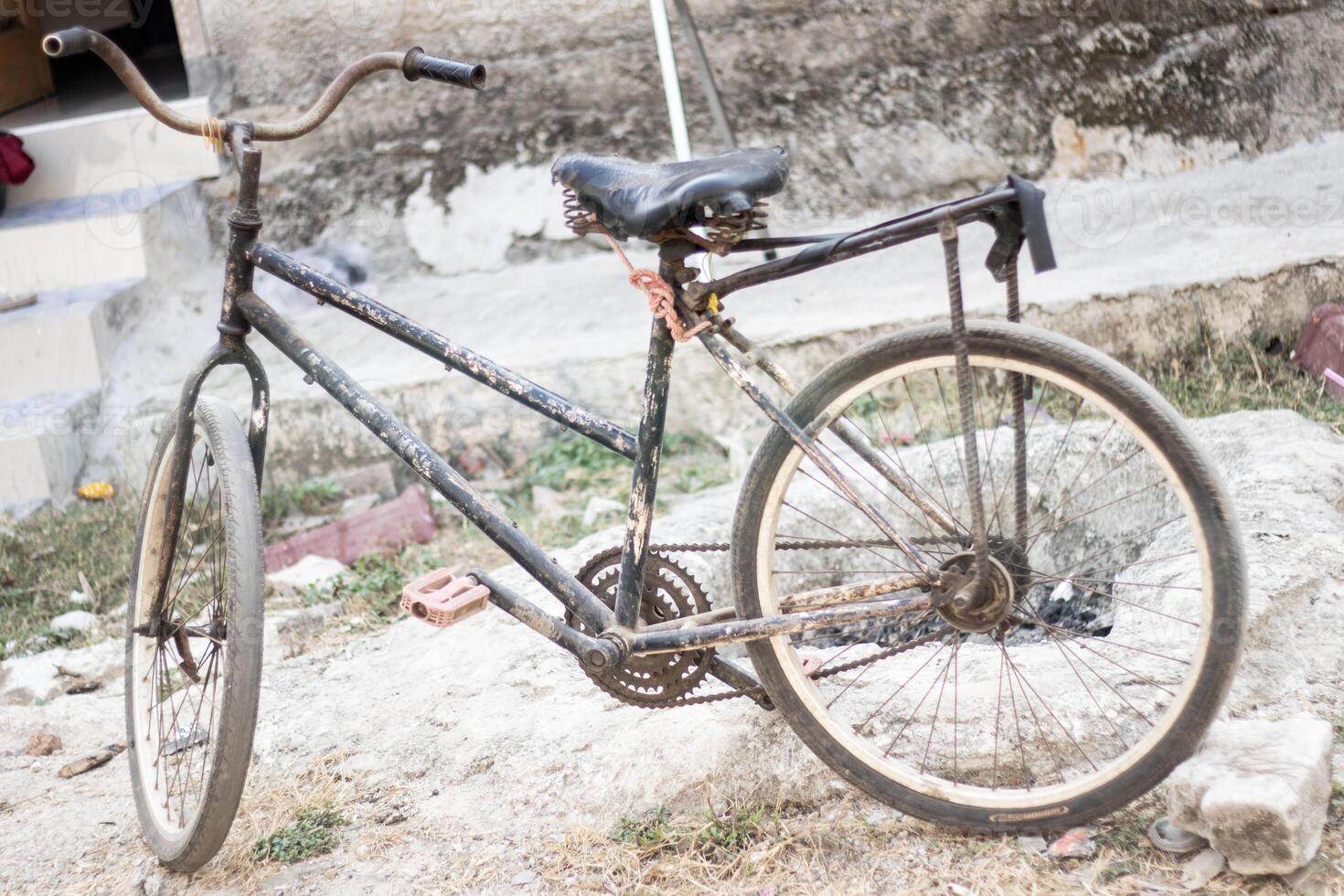 antique old bicycle standing in the yard photo
