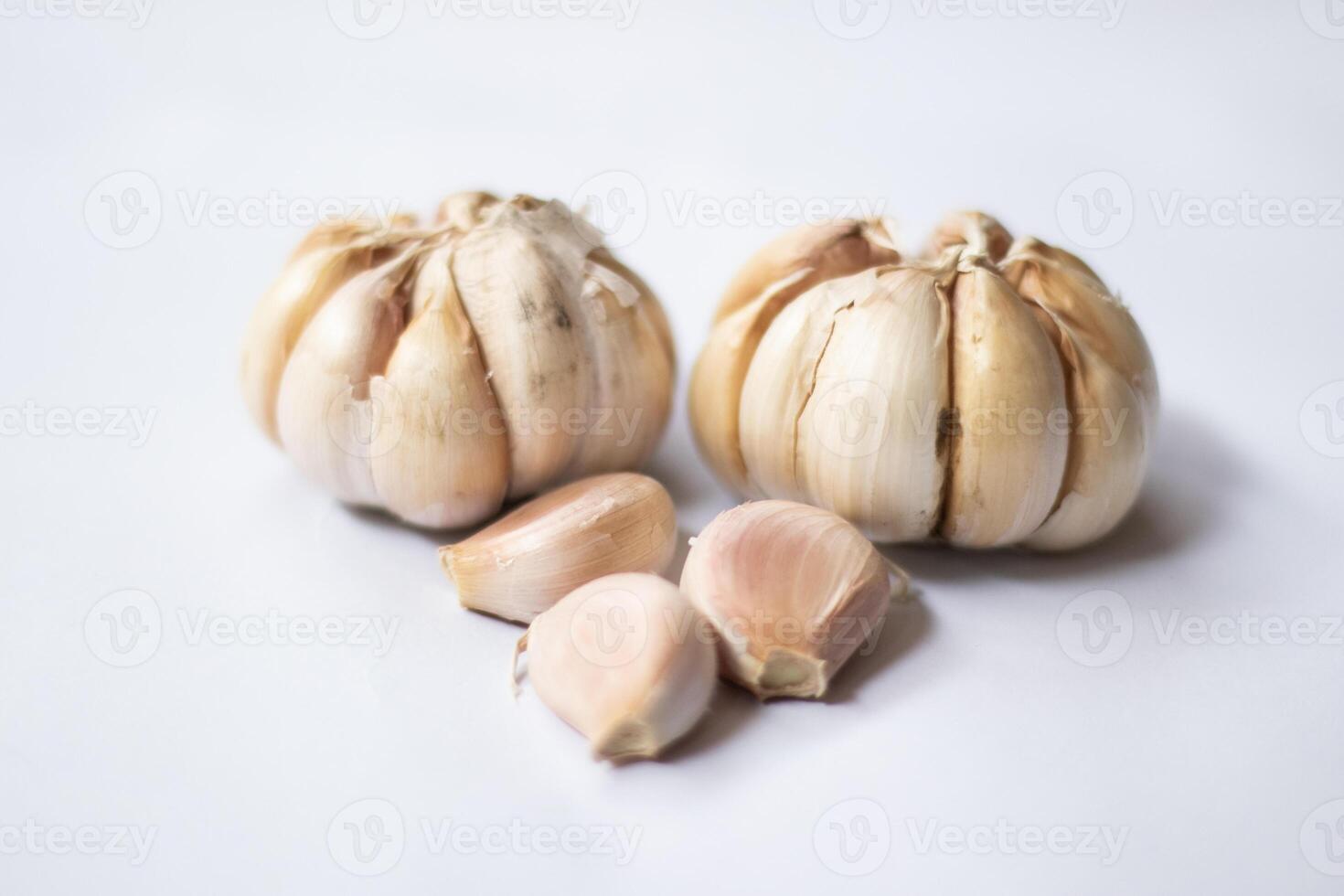 Closeup Garlic clove and bulb isolated on white background. photo