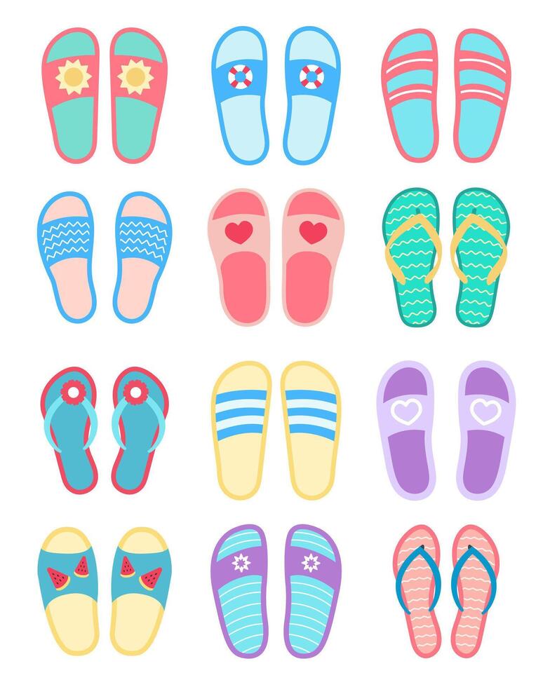 Flat design of summer flip-flops. A set of summer slippers. illustration of open shoes. vector