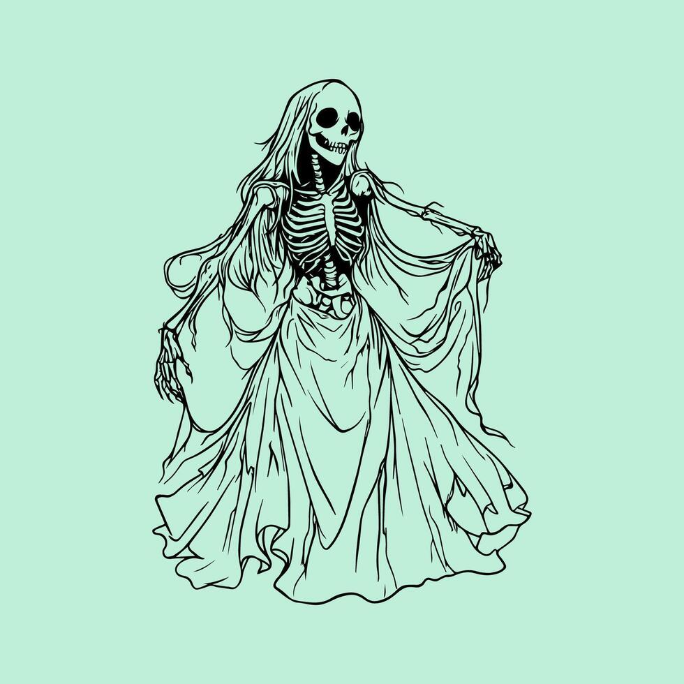 A skeleton in a dress is standing on a green background vector