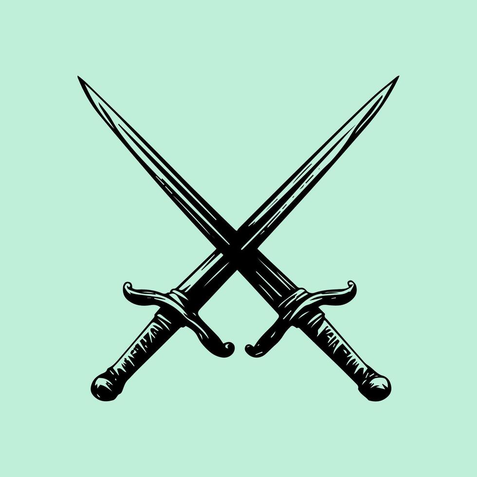 Two swords crossed on a green background vector