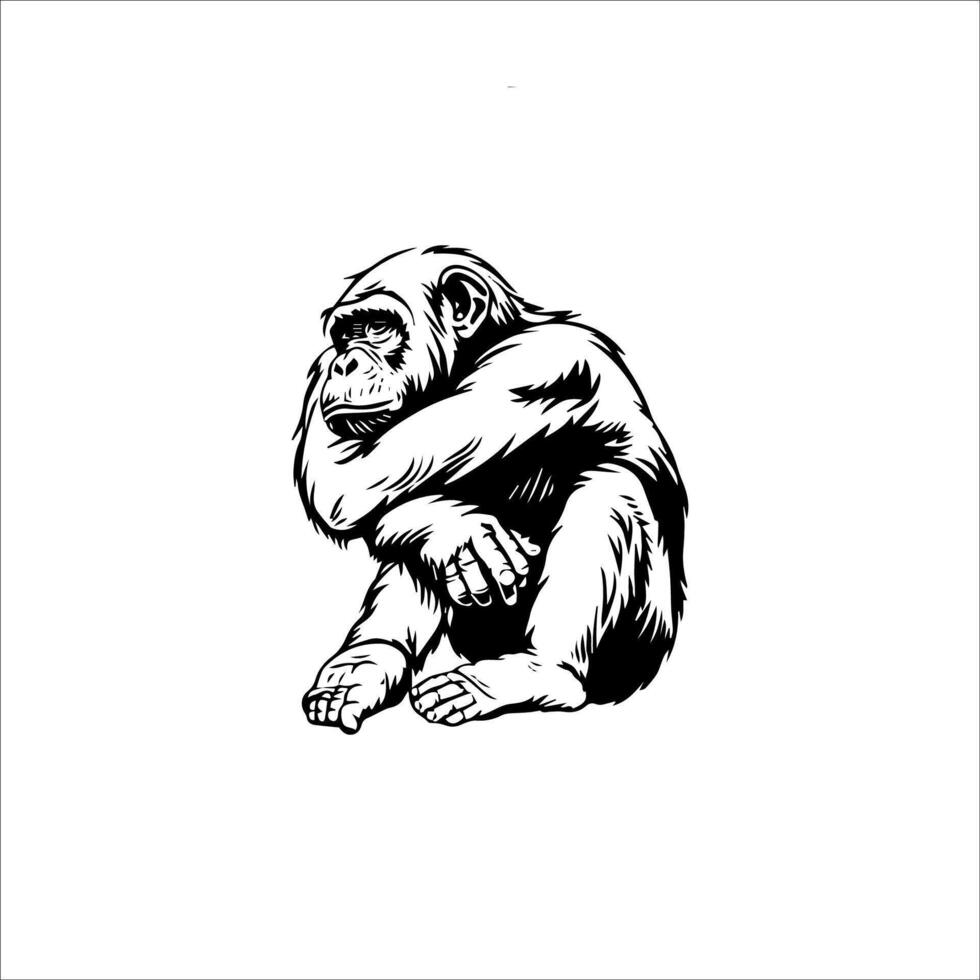 a black and white drawing of a monkey sitting on the ground vector