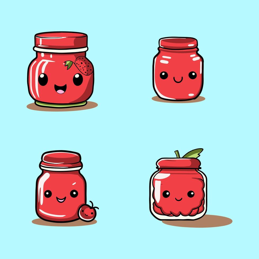 Cute strawberry jam jar set vector