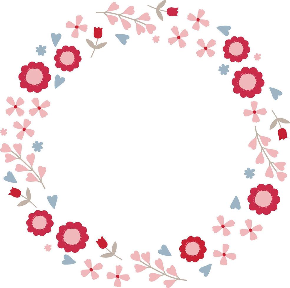 Happy Valentines Day Circle Frame Wreath of Flowers Branches Leaves vector