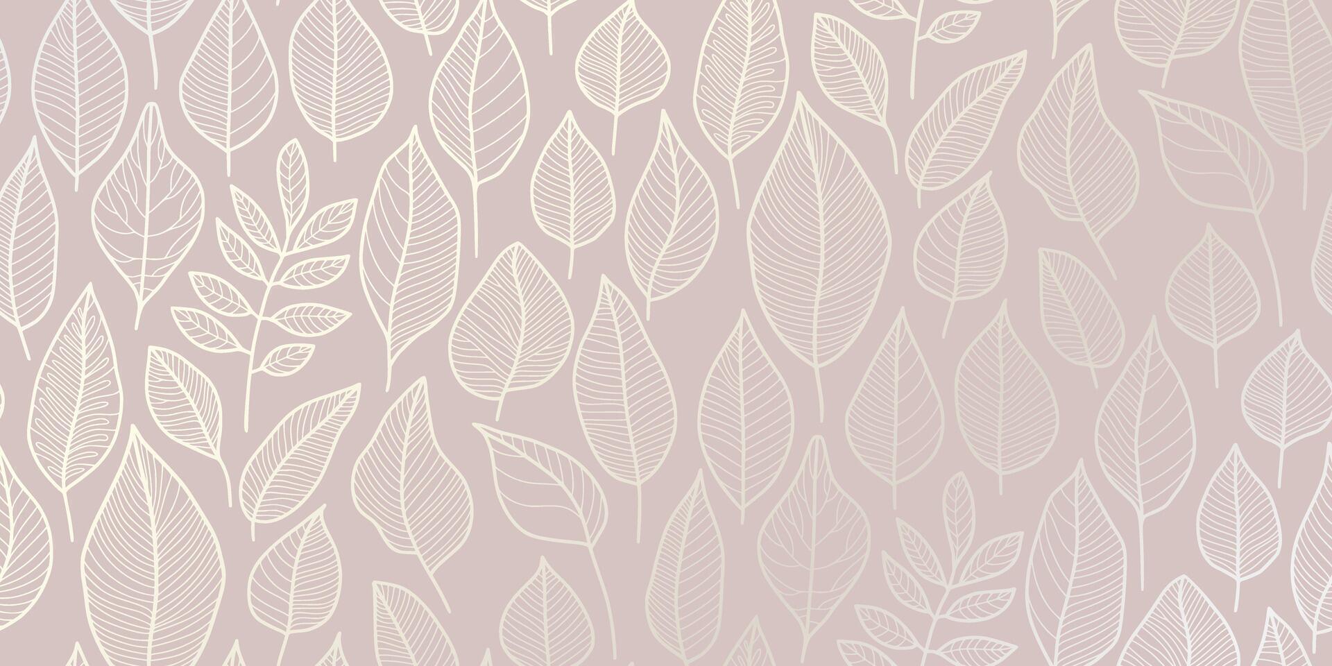 Elegant pattern of minimalist leaf designs with intricate vein patterns on soft beige grey background. Delicate silver outlines create subtle contrast. Ideal for wallpapers, packaging designs. vector