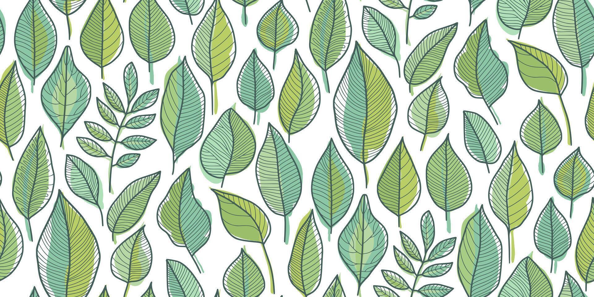 Seamless pattern of stylized leaves in shades of green on white background. Hand-drawn appearance with varied leaf shapes and vein patterns. Ideal for textiles, wallpapers, and graphic design projects vector