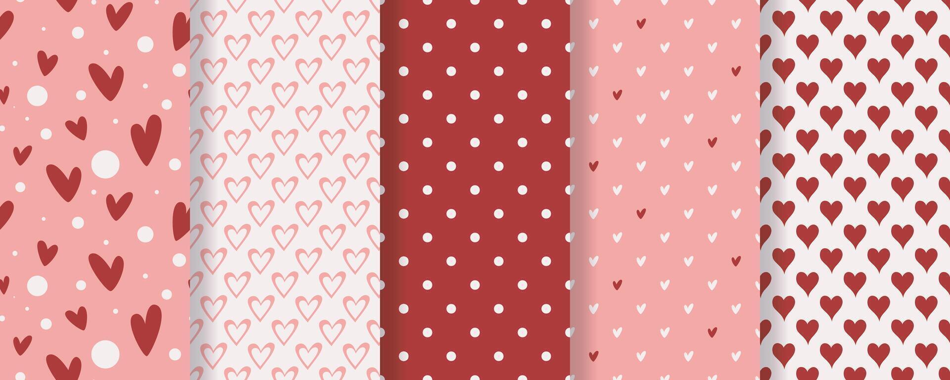 Cute romantic set of seamless patterns with hearts vector
