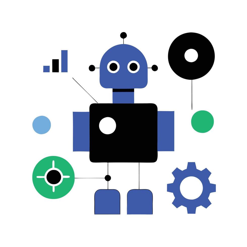 A robot with gears and icons around it vector