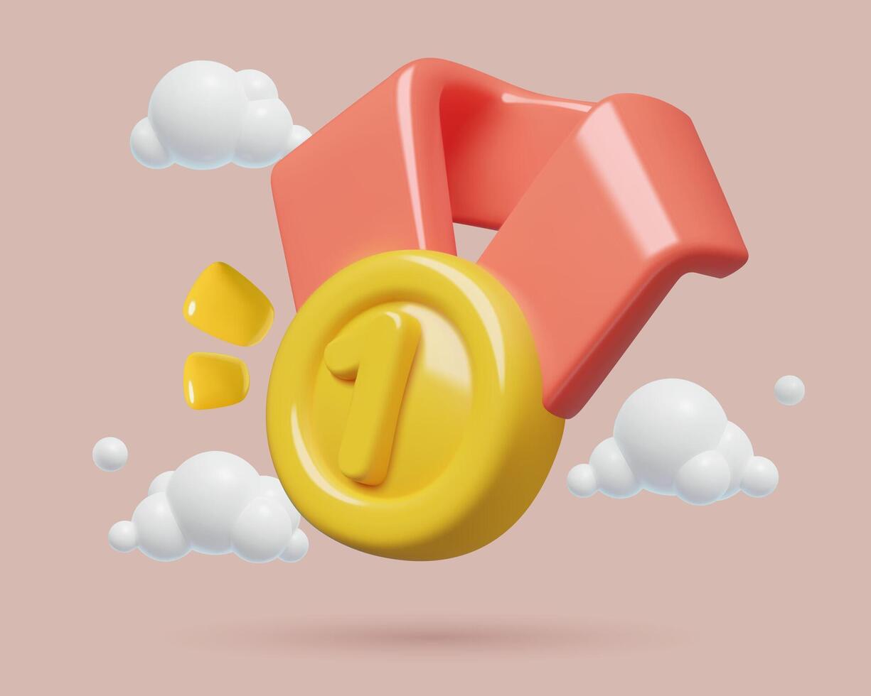 Shining gold medal 3d emoji with number one. First place award background with a pink ribbon vector