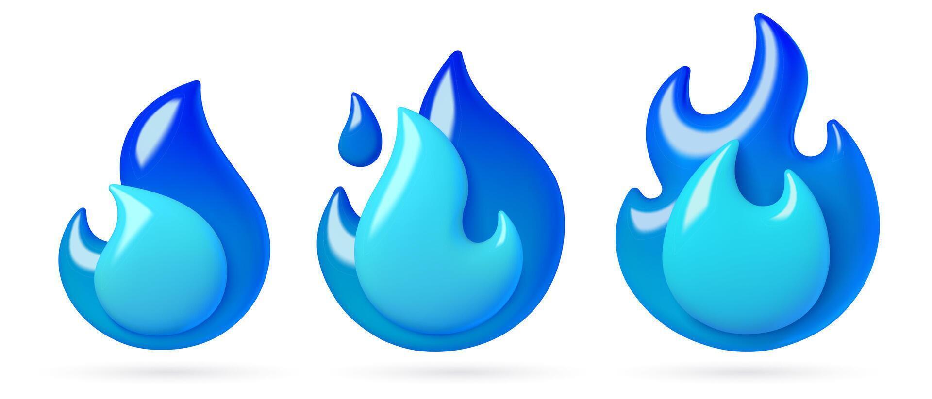 Blue burning flames 3d icons collection vector