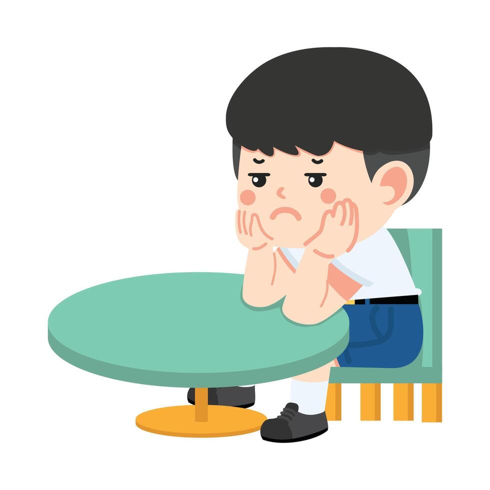 boy sitting at a table with his hand on his chin vector