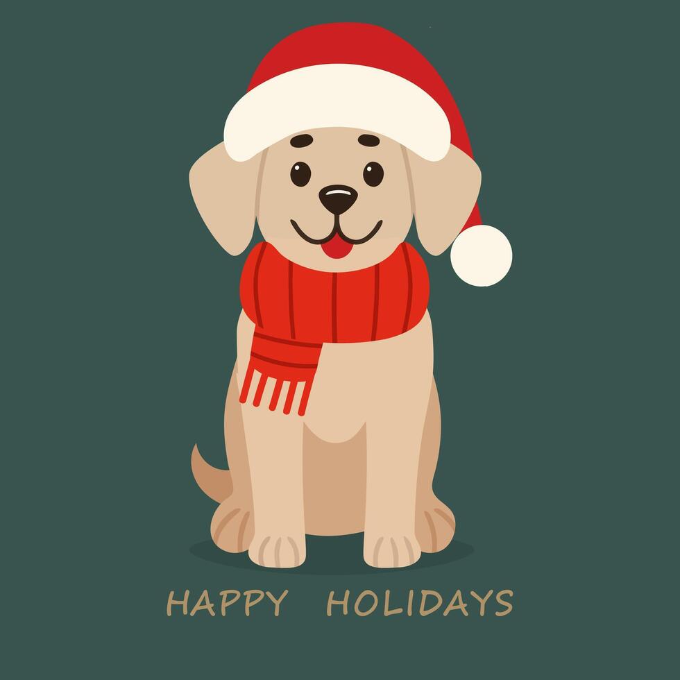 Holiday card with a cute Labrador pet in a New Years hat and scarf vector
